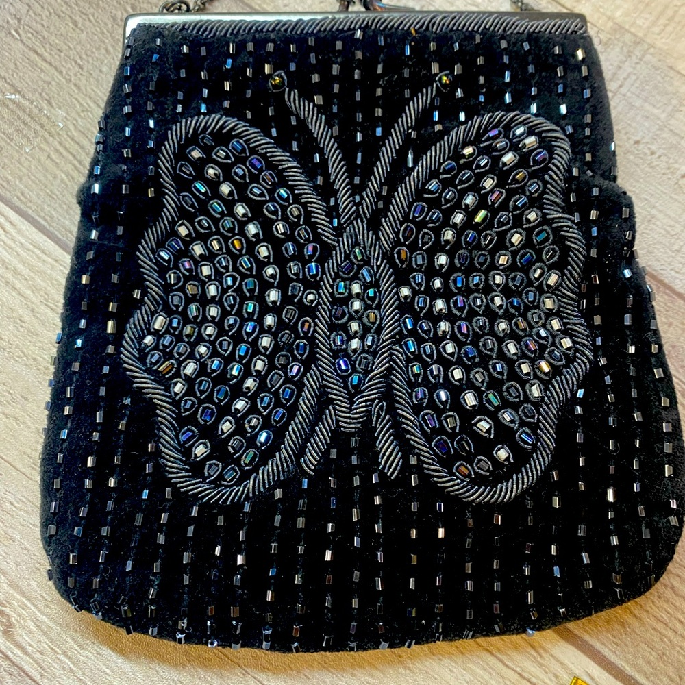 BCBGMaxAzria small black beaded velvet butterfly purse